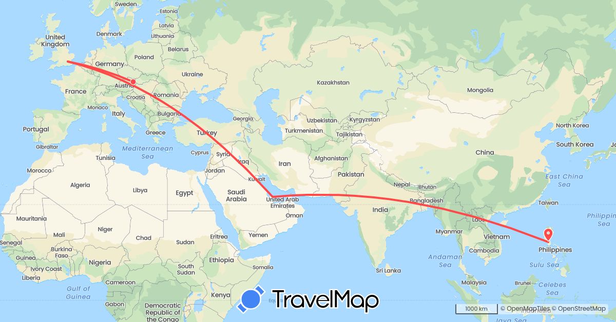 TravelMap itinerary: driving, hiking in Austria, United Kingdom, Philippines, Qatar (Asia, Europe)